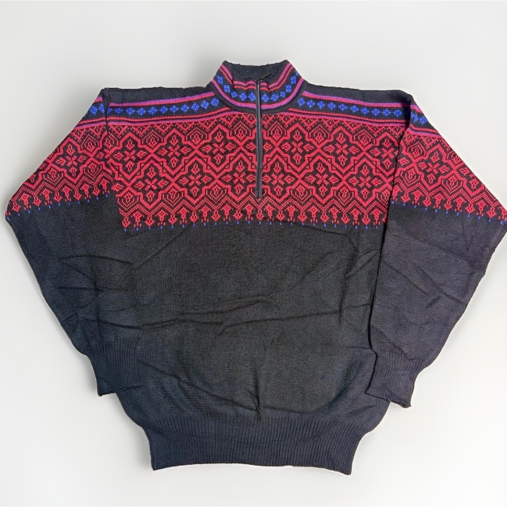 Meister Quarter Zip Sweater XL Vintage Nordic Fair Isle Wool Blend Black Red